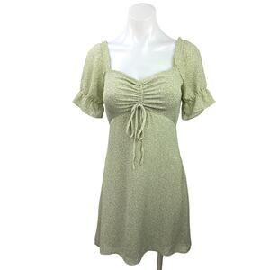 Bohme Green Floral Cinched Tie Puff Sleeve Smocked Mini A-Line Sun Dress Size XS
